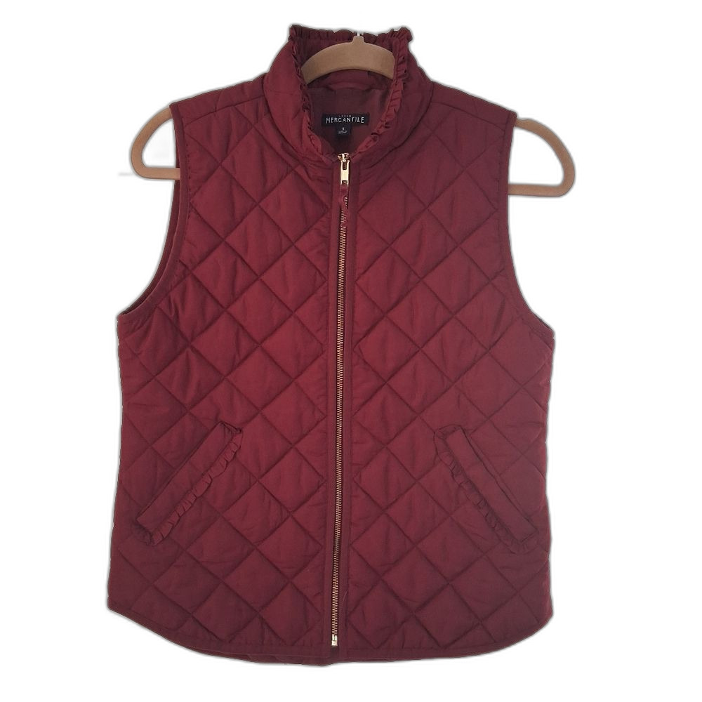 J. Crew Mercantile Woman's Maroon Quilted Vest with Ruffle Details Sz S
